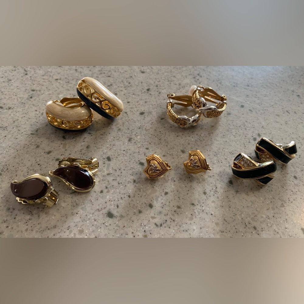 Lot of 5 Vintage 1980s Clip-On Gold Tone Earrings Mobwife Dynasty Costume